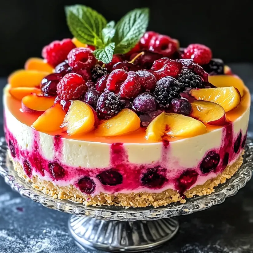 Ein Stück sommerlicher Käsekuchen mit Beeren und Pfirsich ohne Backen.
