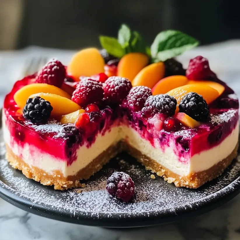Ein Stück sommerlicher Käsekuchen mit Beeren und Pfirsich ohne Backen.