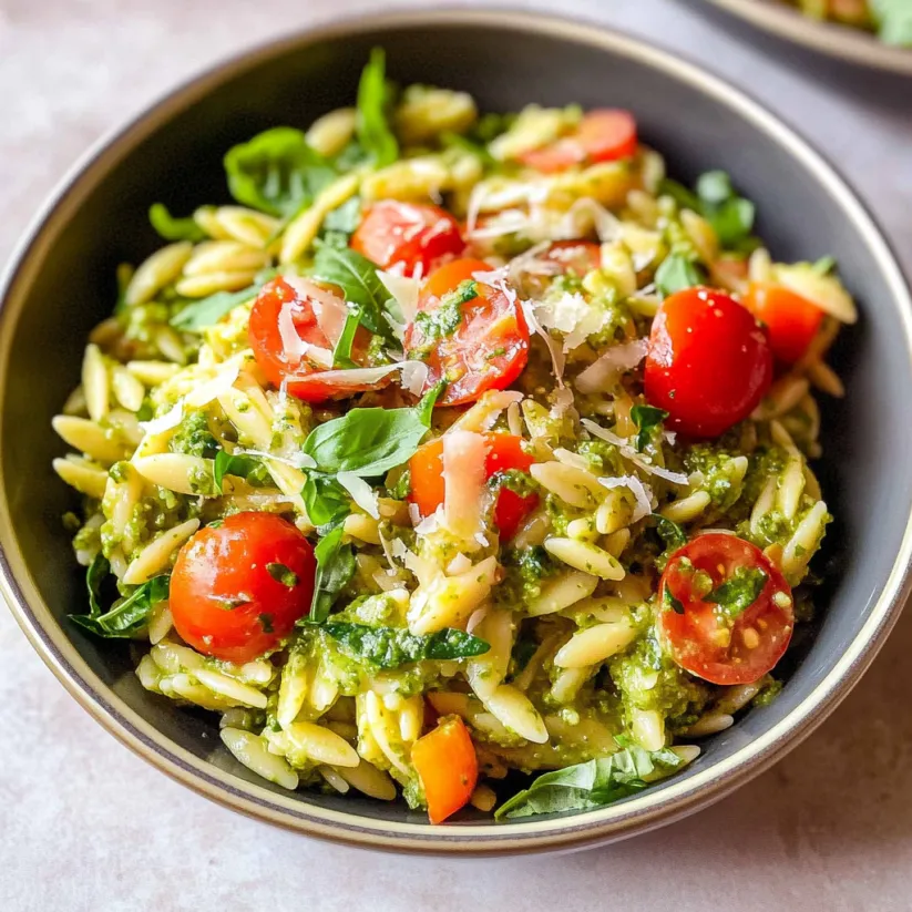 Eine Schüssel Nudelsalat mit Tomaten, Basilikum und Kichererbsen.