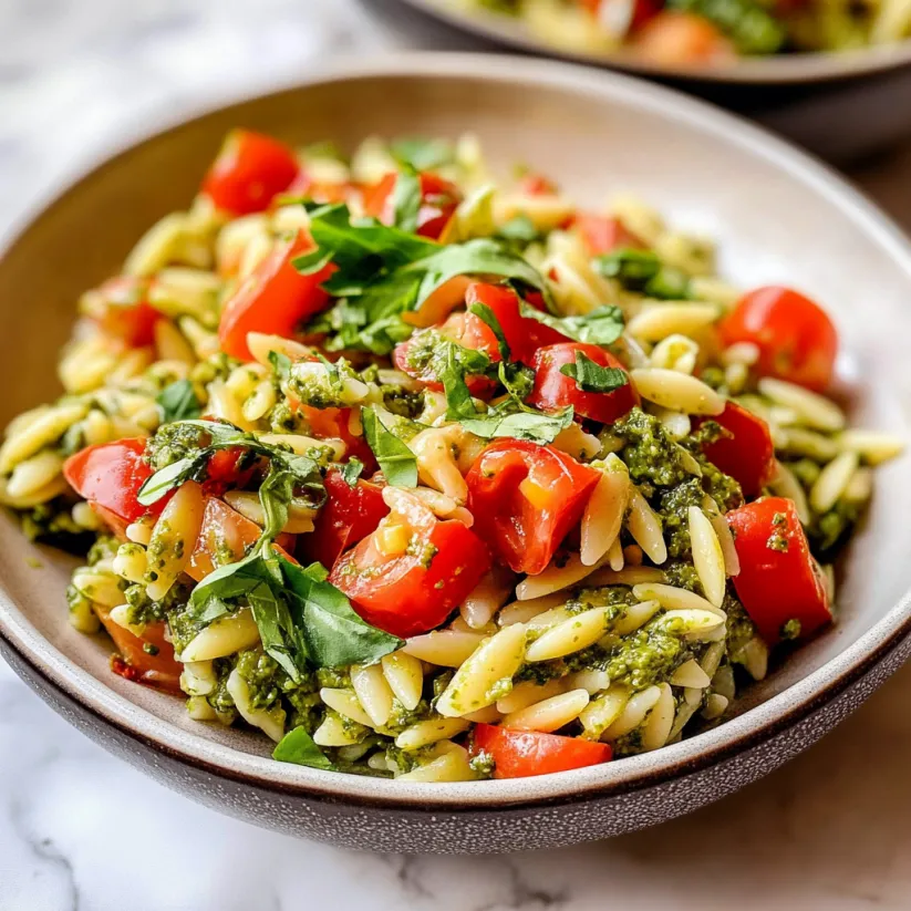 Eine Schüssel mit Nudelsalat, Kichererbsen und Pesto.