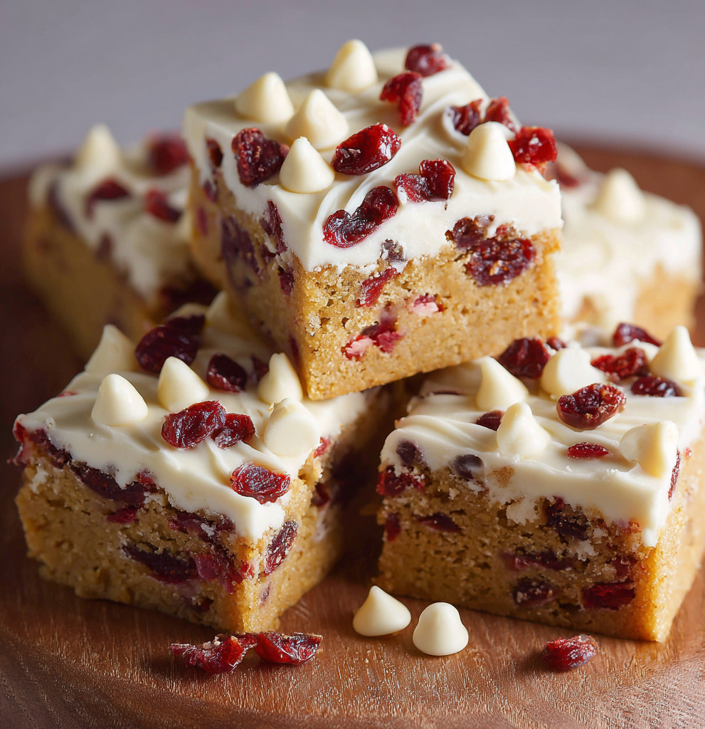 Eine Schicht von Cranberry Bliss Bars mit einer Kombination aus Cranberries, Zucker, Butter, Eiern und Gewürzen.