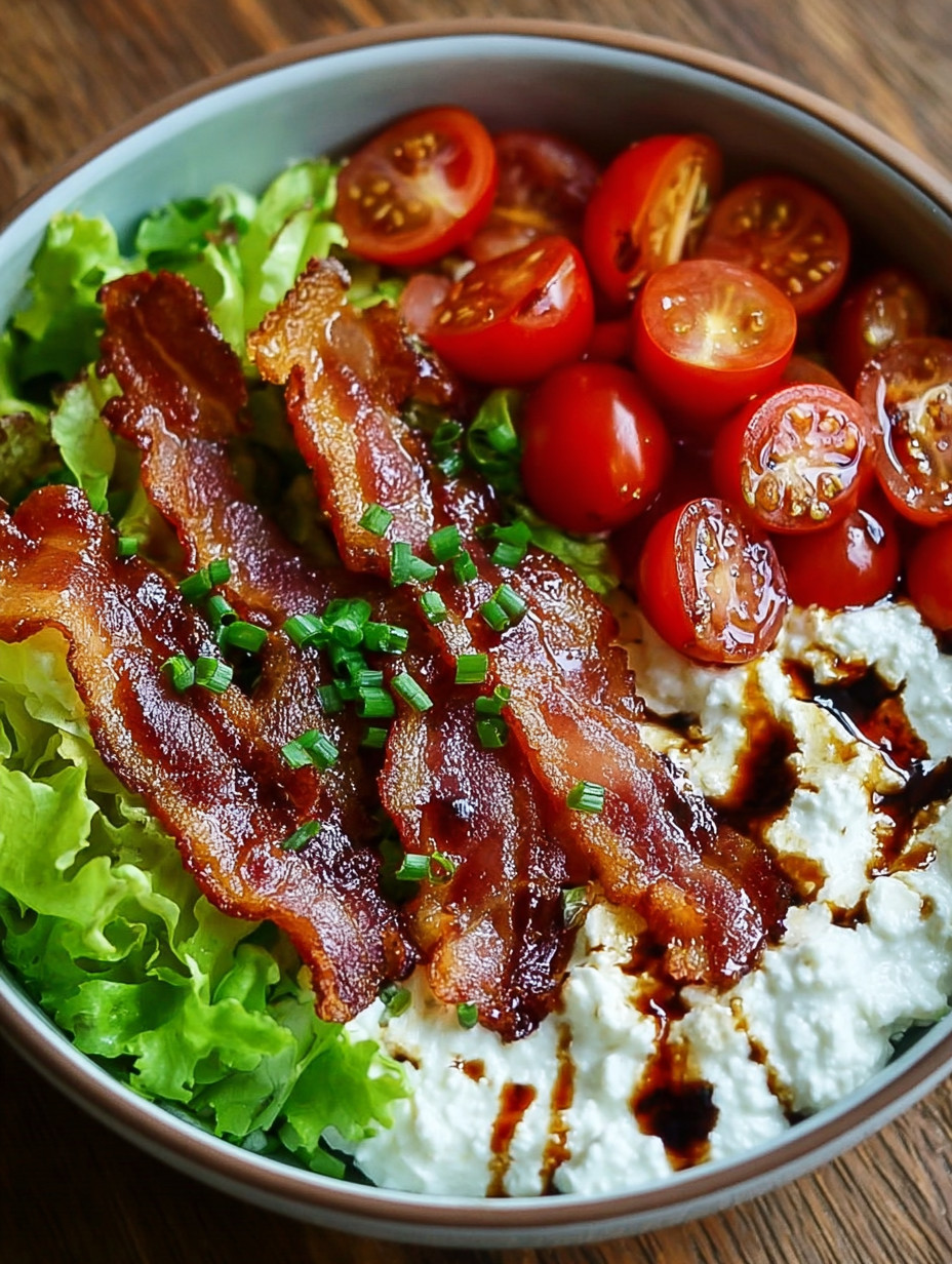 Ein BLT Cottage Cheese Bowl mit Bacon, Tomaten, Lettuce und Cottage Cheese.