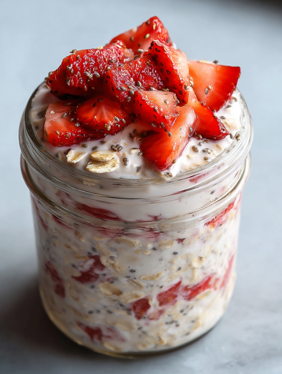 Ein Glas mit Strawberries and Cream Overnight Oats Recipe.