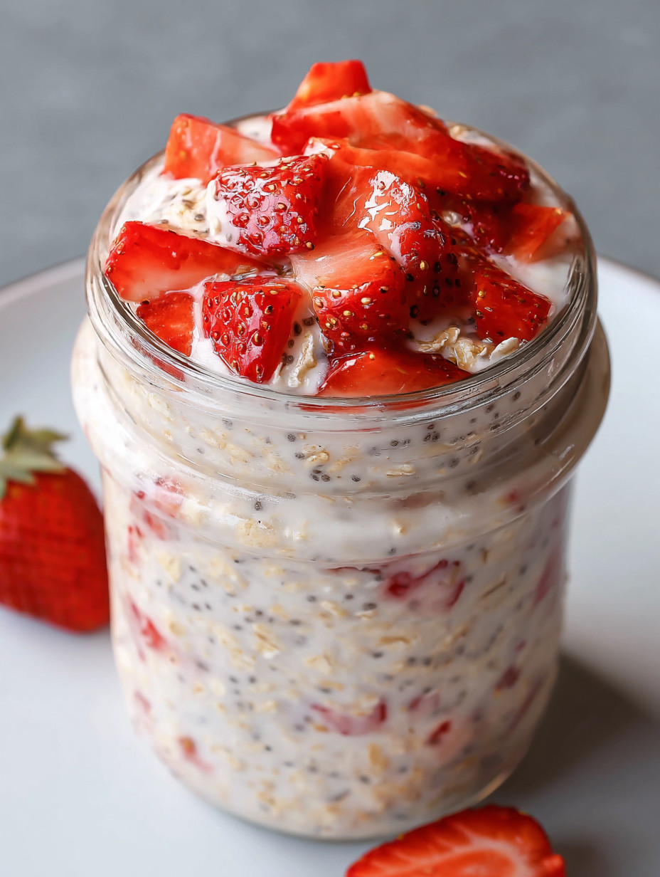 Eine Schüssel mit Strawberries and Cream Overnight Oats Recipe.