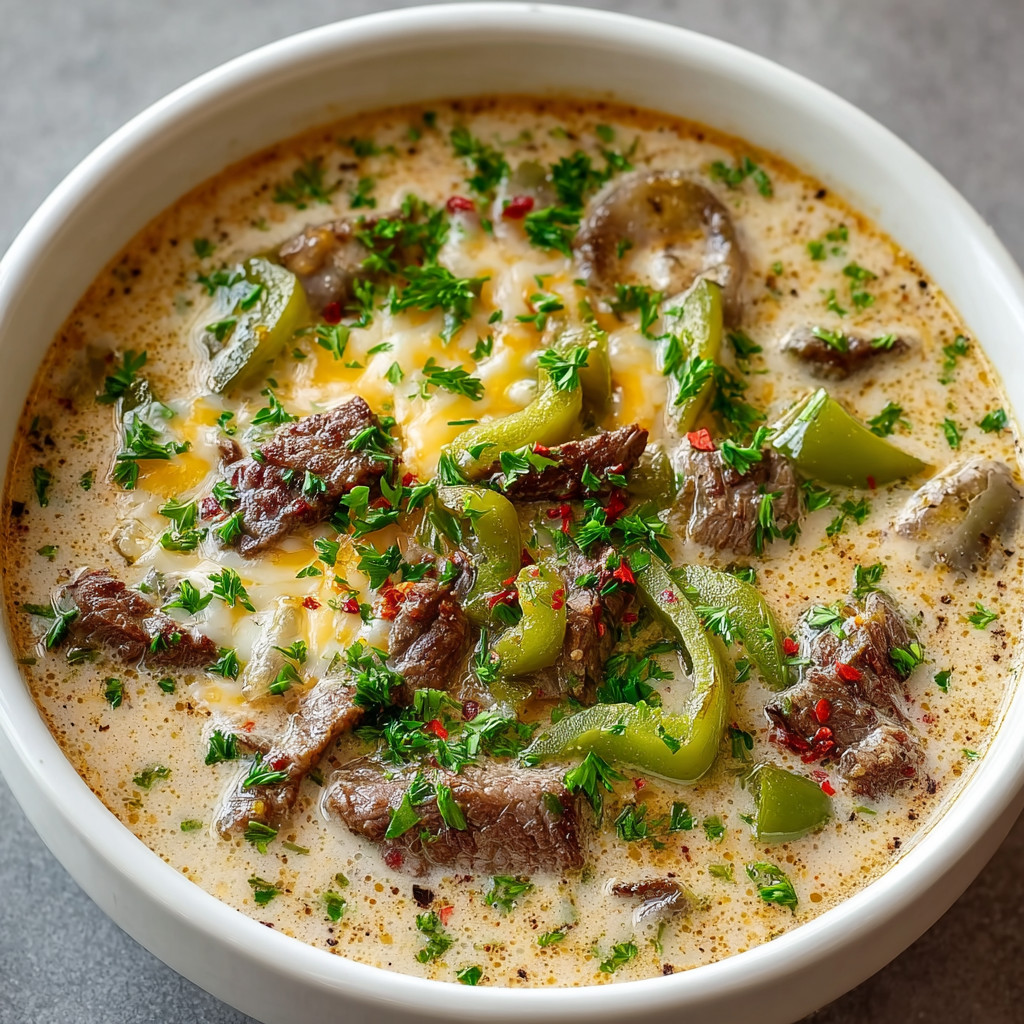 Ein weißer Topf mit einer cremigen Philly Cheese Steak Suppe, die mit Zwiebeln und Paprika garniert ist.