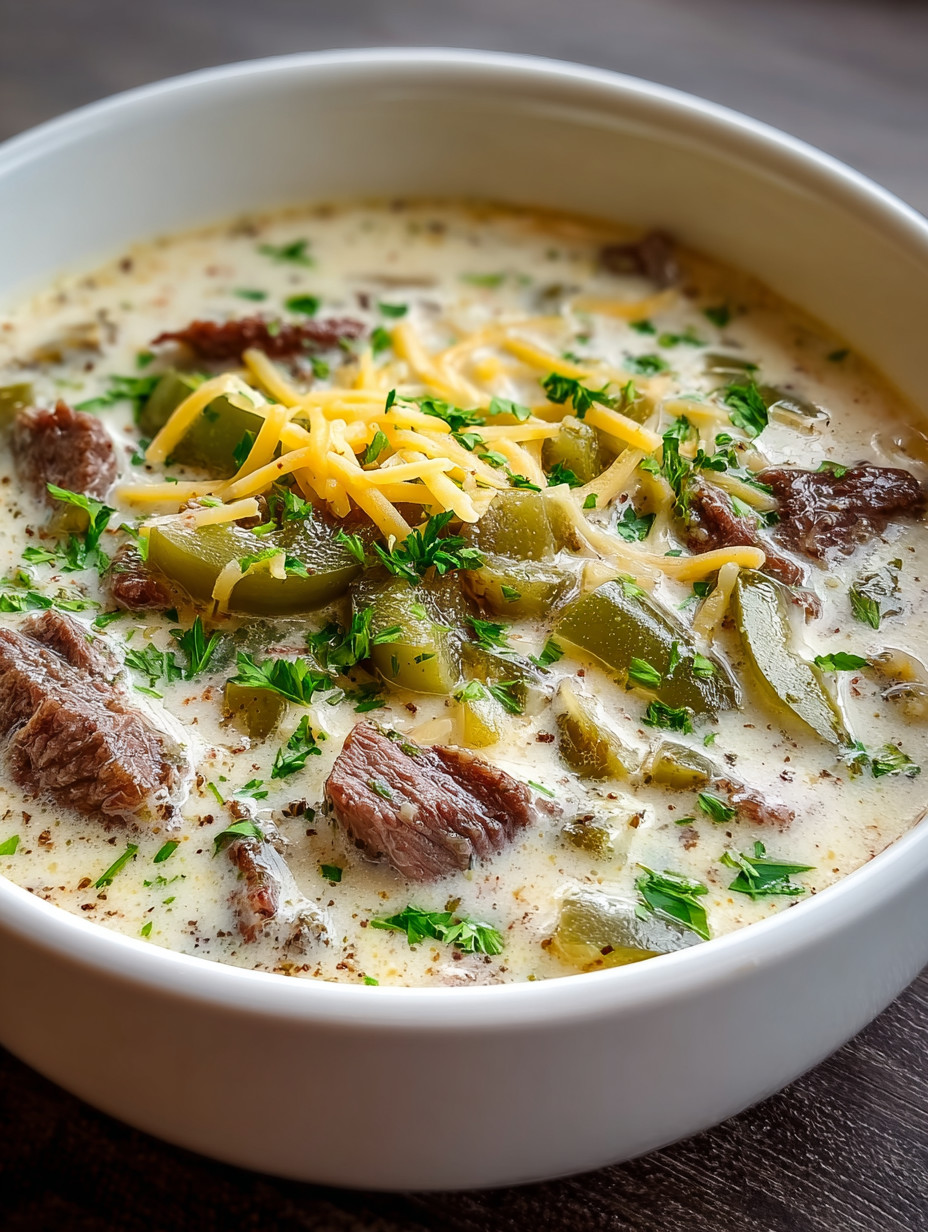 Ein weißer Teller mit einer cremigen Philly Cheese Steak Soup, die mit grünen Zwiebeln und Kartoffeln garniert ist.