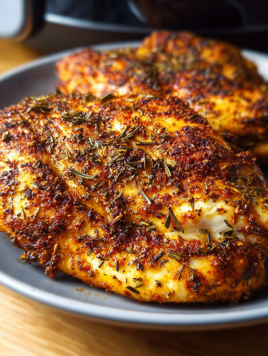 Ein Plate mit irresistible Air Fryer Chicken, das mit Zwiebeln und Kräutern zubereitet wurde.