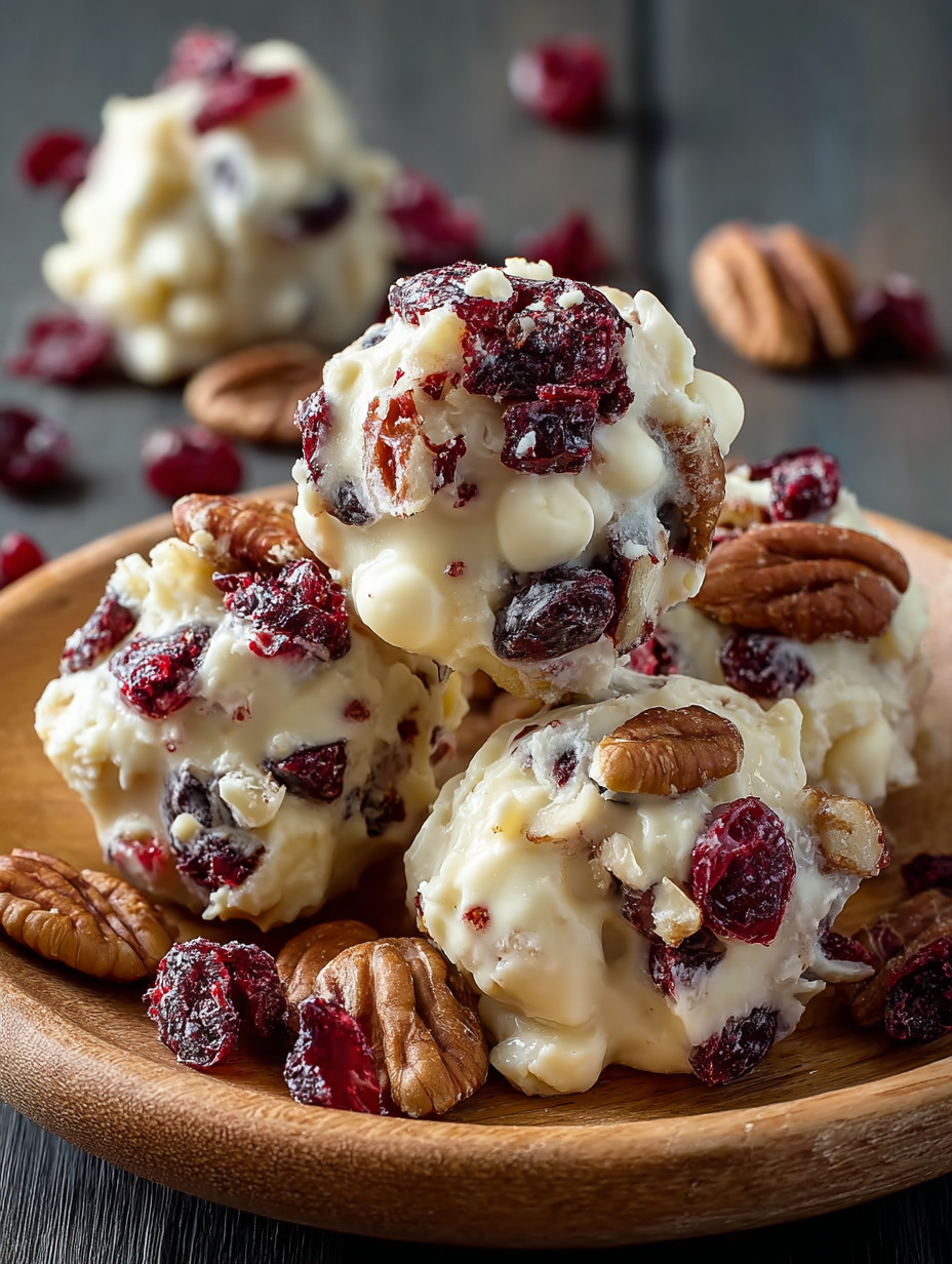Ein Holzplatscher mit weißem Schokoladen, Cranberries und Walnüssen.