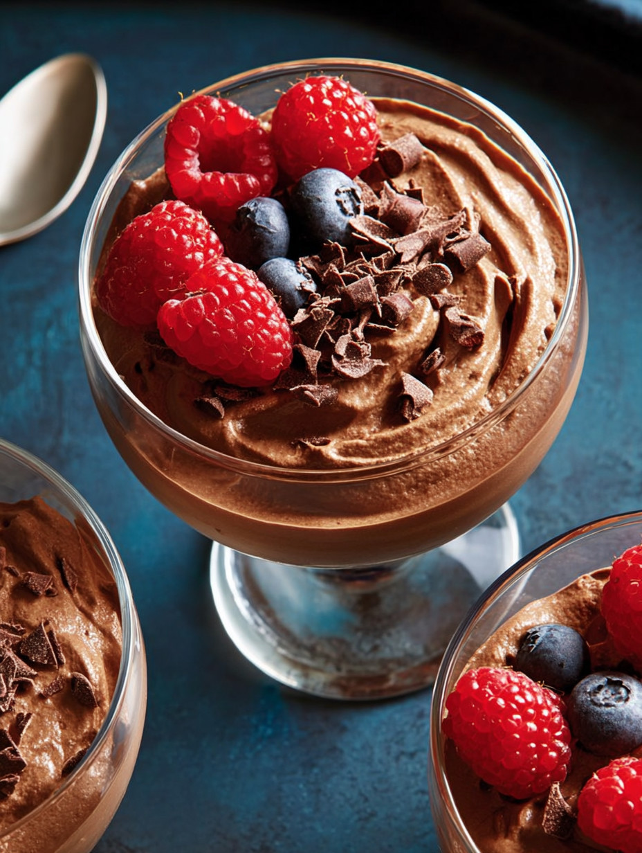 Ein Glas mit einer Mousse, die aus Schokolade, Raspberries und Blaubeeren besteht.