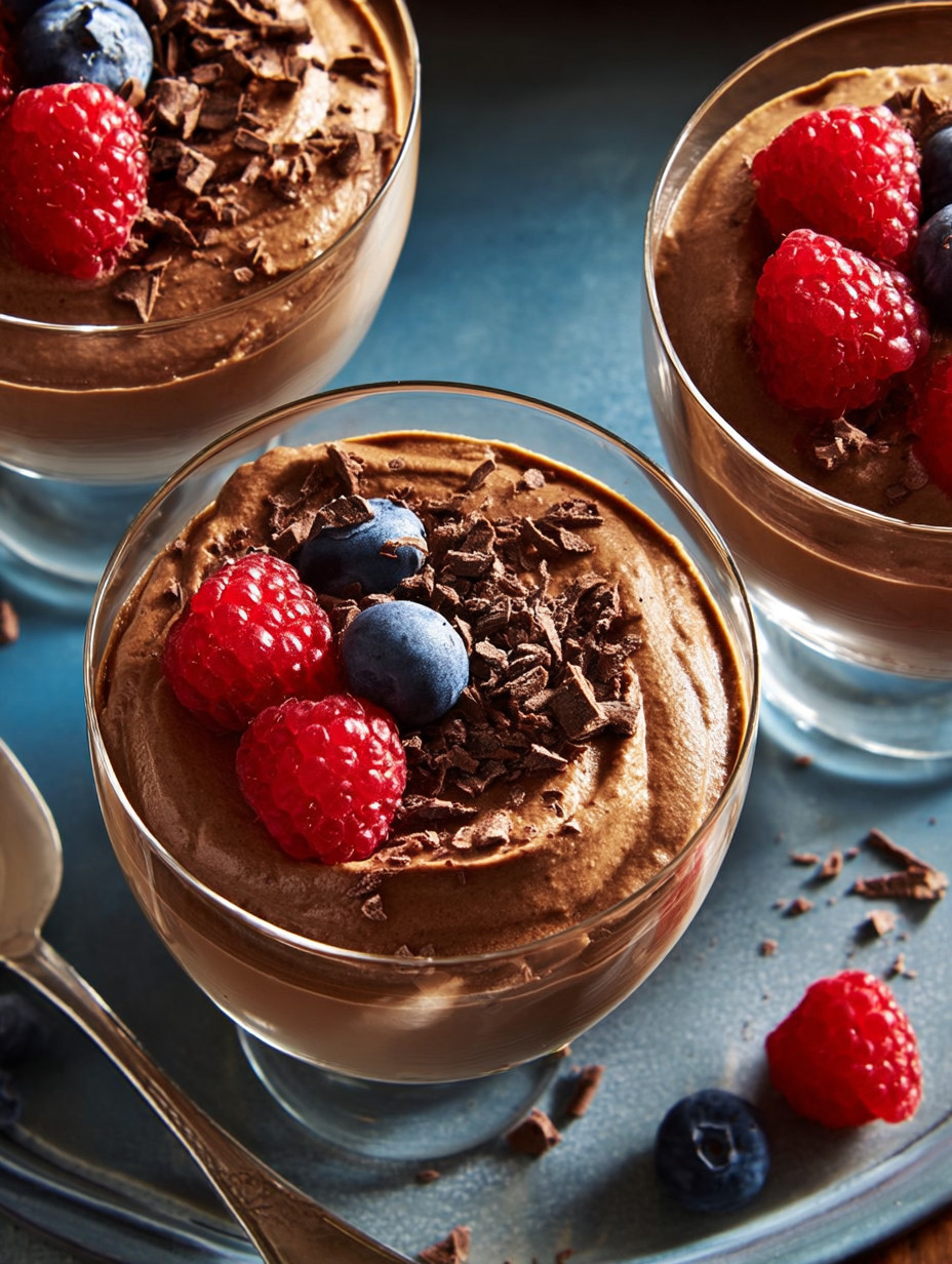 Three glasses of high-protein mousse with berries and chocolate.