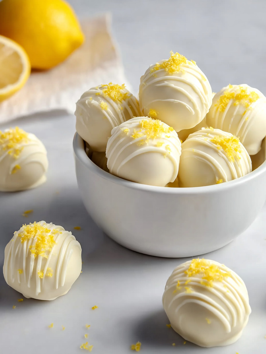 Ein weißer Becher mit 12 weißen Truffeln, die mit Zitronenrindchen zubereitet wurden.