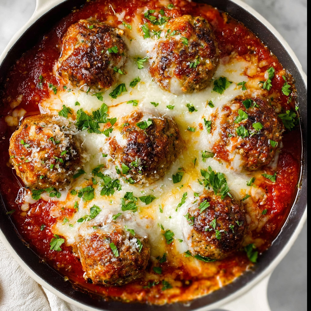 Eine Schüssel mit Meatballs in einer Tomatensoße, die mit Parmesan und Zwiebeln garniert sind.