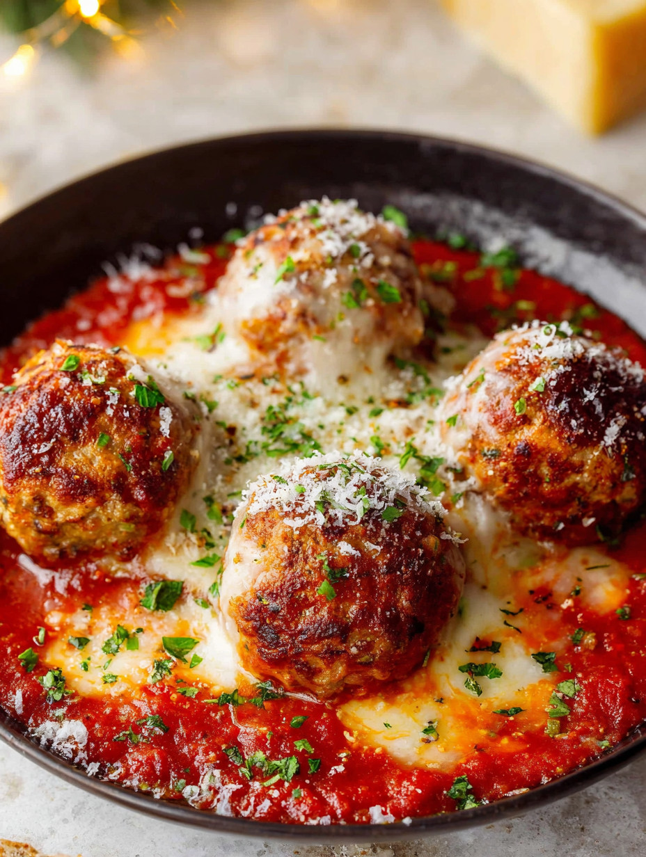 Meatballs in a red sauce, topped with Parmesan cheese.