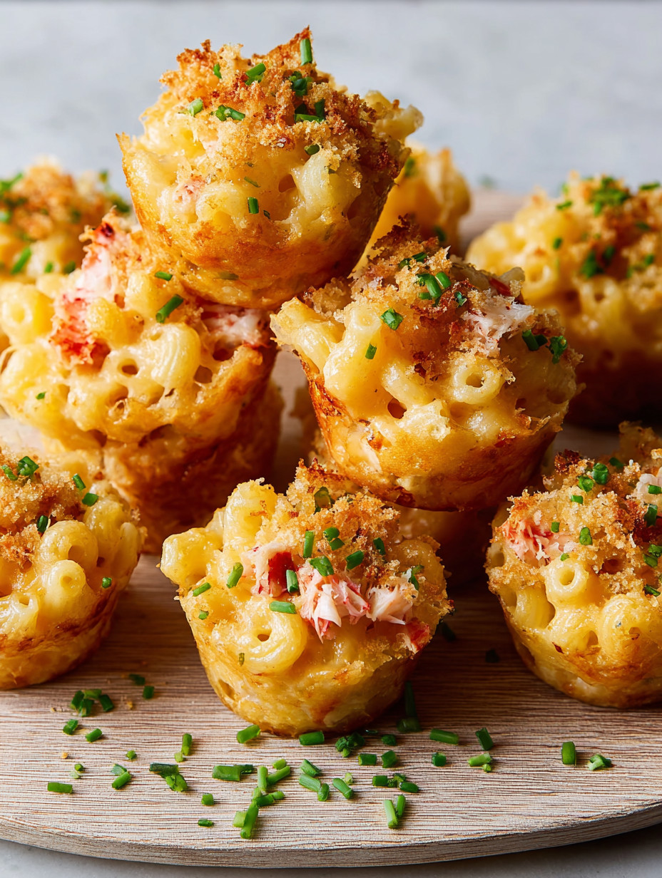 Ein Bild von Mac &amp; Cheese Bites, die mit Lobster garniert sind.