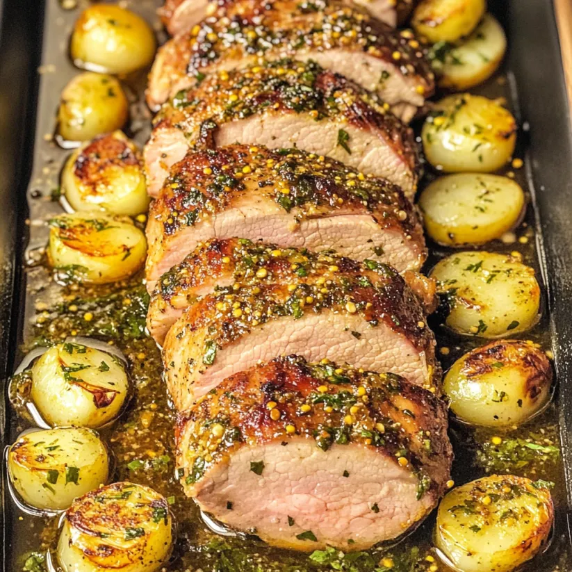 A honeymustard pork tenderloin with potatoes and green onions.