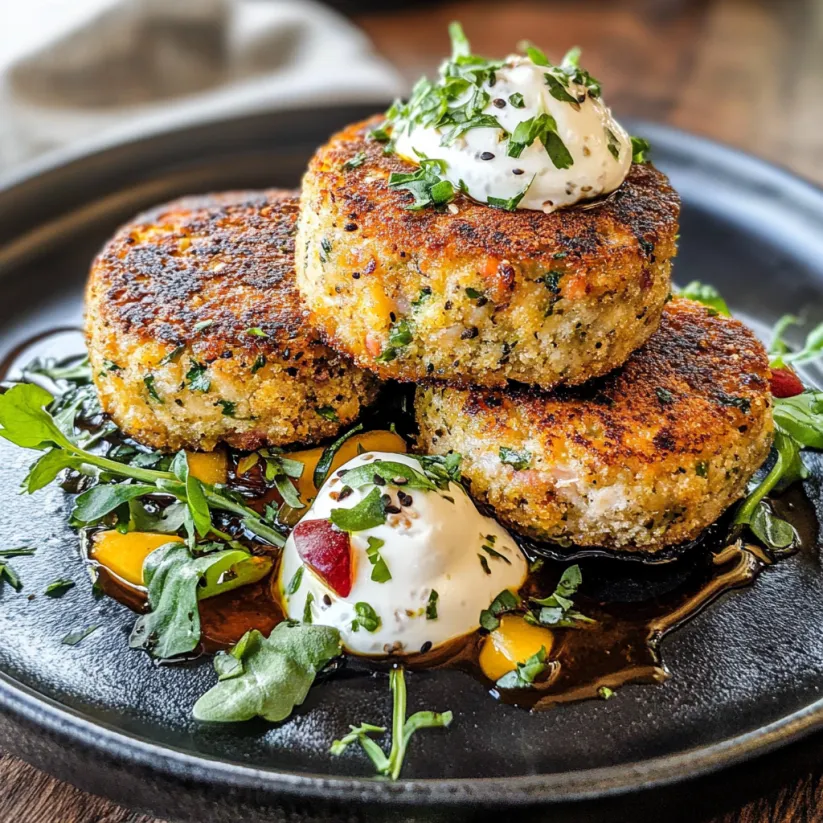 Tuna Cakes auf einem schwarzen Teller mit grünen Zutaten.