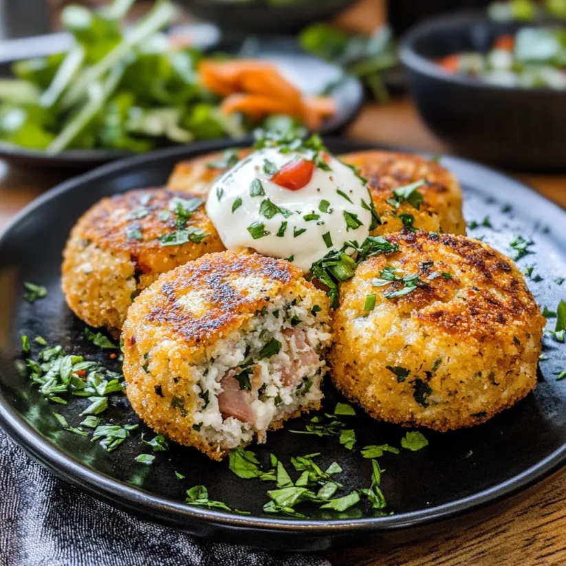 Tuna Cakes mit Mayonnaise und Tomaten auf einem Plate.