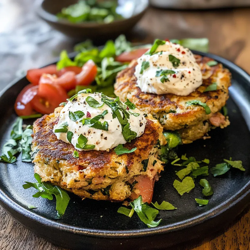 Tuna Cakes mit Tomaten und Basilikum auf einem Teller.