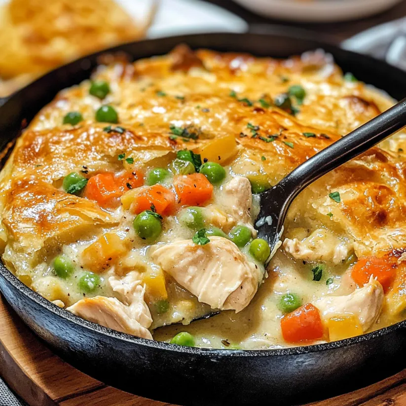 Ein Skillet Chicken Pot Pie mit einer Kombination aus Kartoffeln, Karotten, Zwiebeln und Chicken.