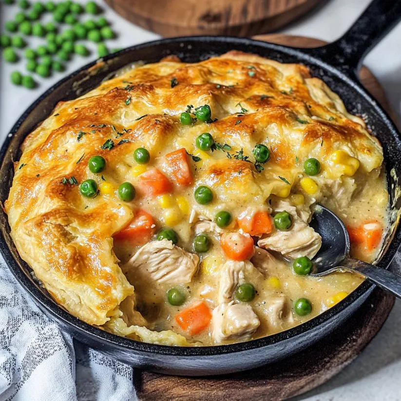 Ein Skillet Chicken Pot Pie mit einer Kombination aus Kartoffeln, Karotten, Zwiebeln, Kokosmilch und Chicken.