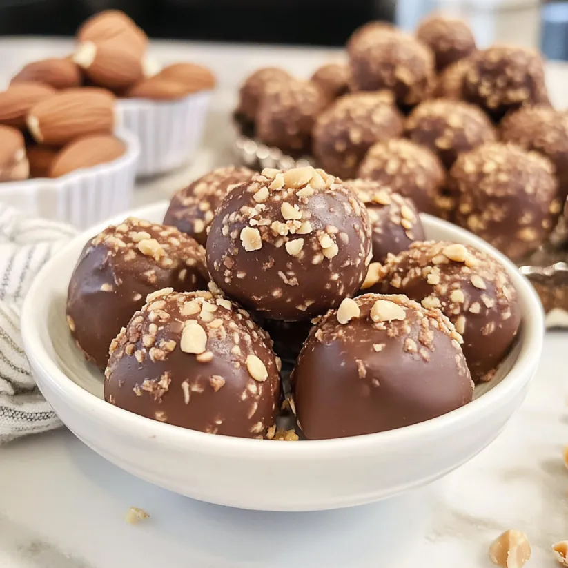 Ein weißer Teller mit einer Gruppe von No-Bake Peanut Butter Balls (Meal Prep Snack) darauf.
