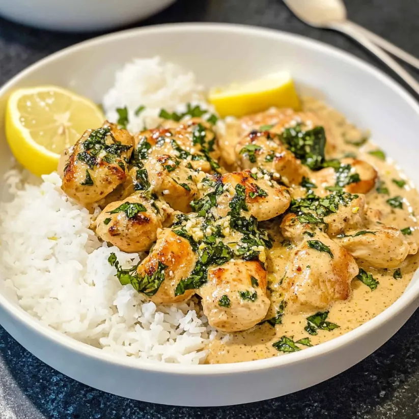Ein weißer Teller mit creamy butter lemon chicken.