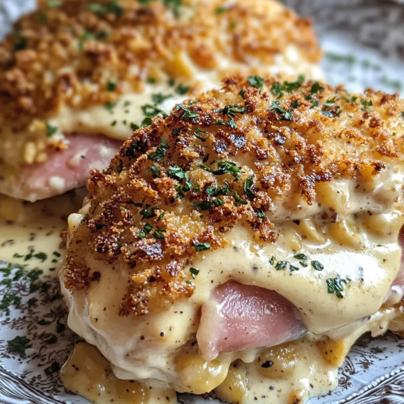 Ein Chicken Cordon Bleu Bake mit gerösteten Zwiebeln und Sauce.