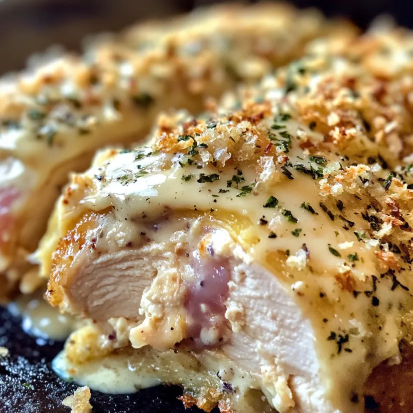 Ein Stück Chicken Cordon Bleu Bake, das in einer Pfanne gegart wurde, mit gerösteten Zwiebeln und Käse.