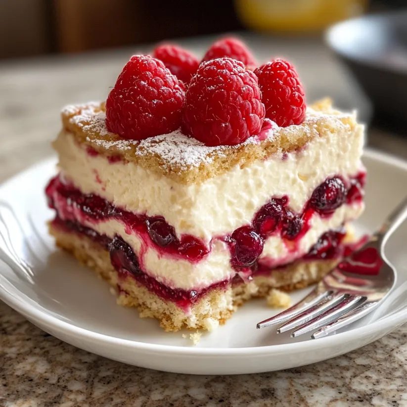 Ein Stück Raspberry Tiramisu auf einem weißen Plate.