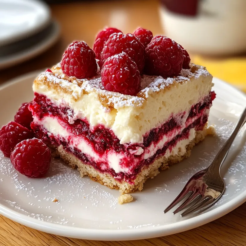 Ein Stück Raspberry Tiramisu auf einem weißen Plate.