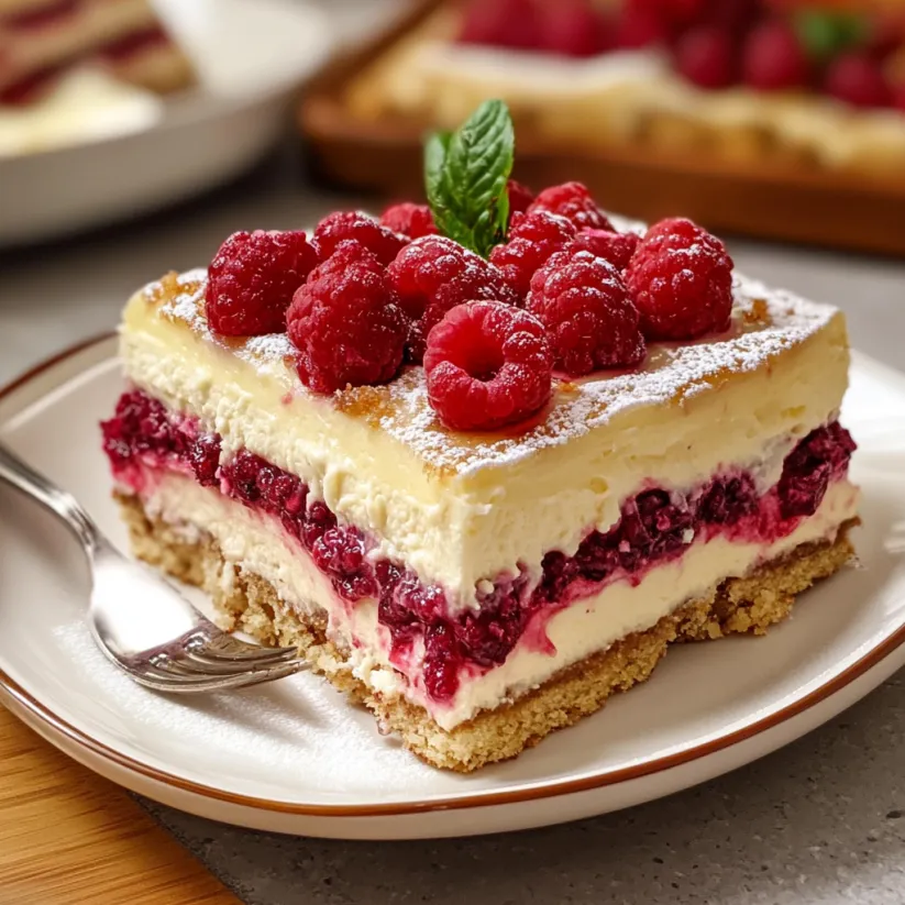 Ein Stück Raspberry Tiramisu auf einem Teller.