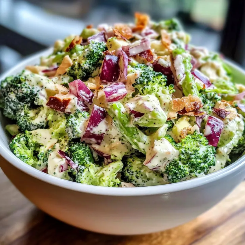 Ein großer, weißer Becher mit einer Mischung aus Broccoli, Onions und Nüssen.