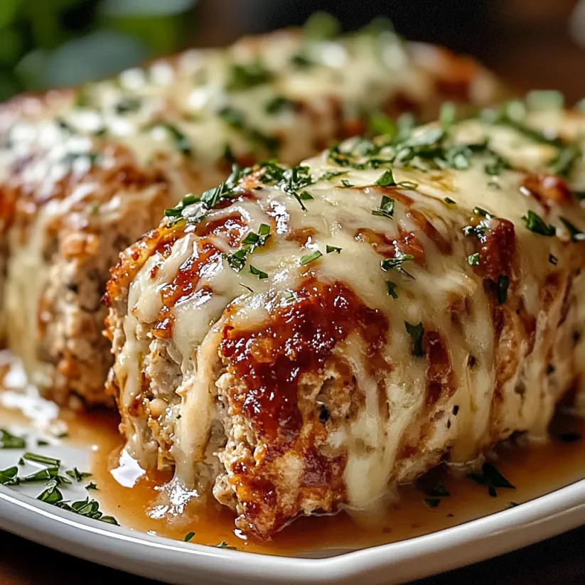 Ein Plate mit zwei Scheiben von Melt-in-Your-Mouth Garlic Parmesan Chicken Meatloaf.