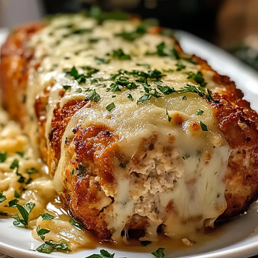 Ein Plate mit einer Melt-in-Your-Mouth Garlic Parmesan Chicken Meatloaf.