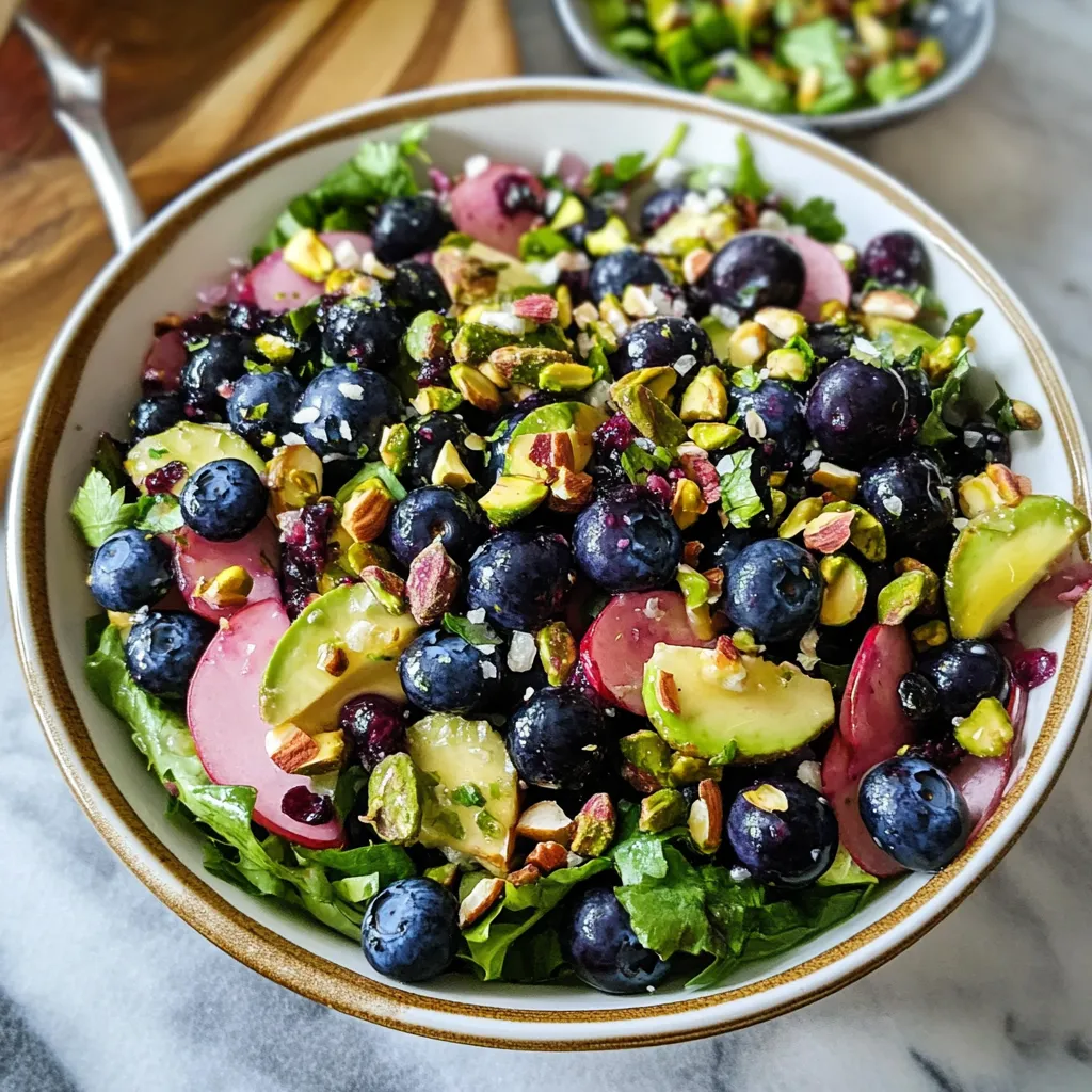Ein Glas mit einer Blueberry Pistachio Spring Salat, der mit Avocado, Pistazien, Linsen und Salat garniert ist.