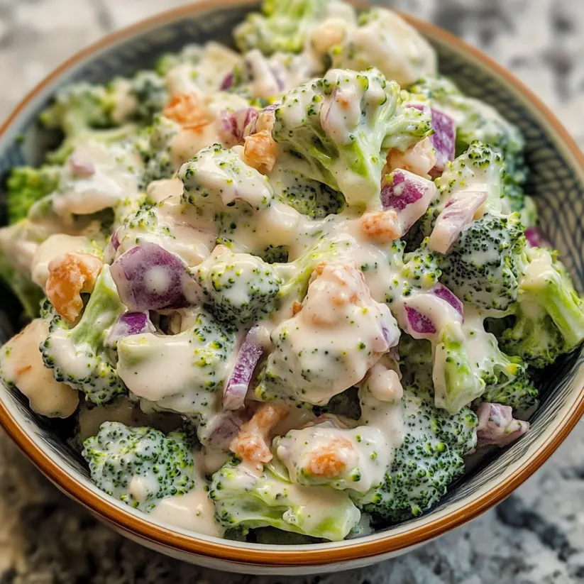 Ein großer, voller Broccoli-Salat in einem weißen, glatten Behälter.