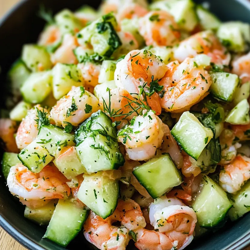 Ein Schälchen mit einer Mischung aus Garnelen, Zucchini und Knoblauch.