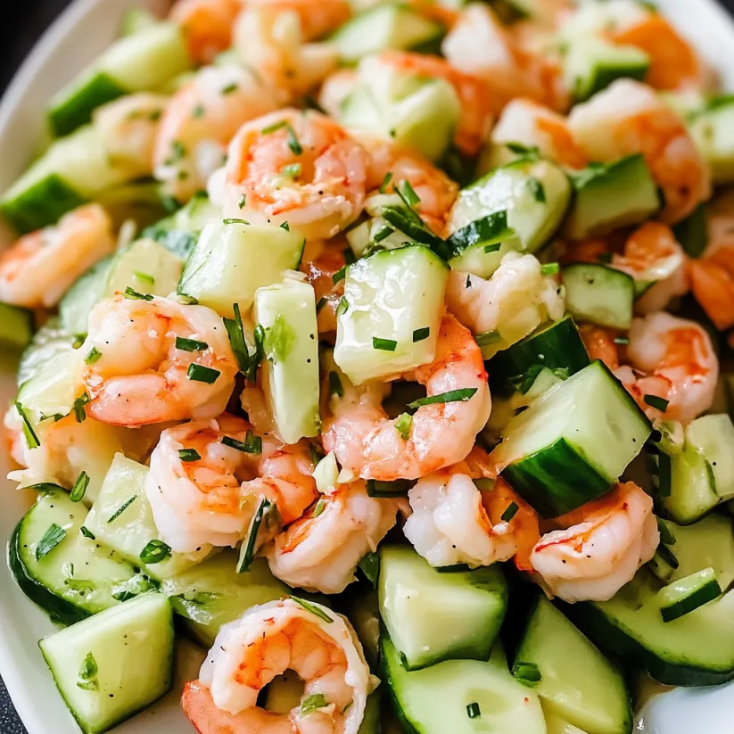 Ein weißer Teller mit einer Mischung aus Garnelen und Zucchini.