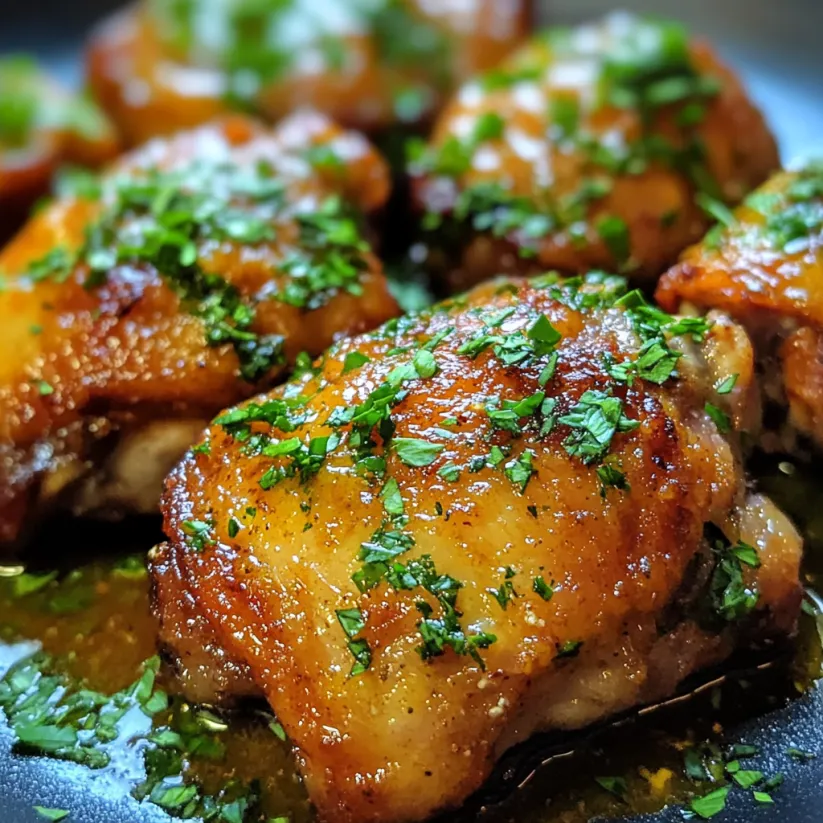 Ein Skillet Chicken Thighs Recipe, das mit grünen Zwiebeln und Kräutern zubereitet wurde.