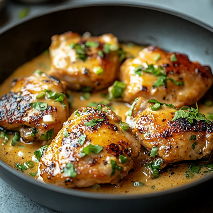 Ein Skillet mit Chicken Thighs, die in einer Sauce gart.