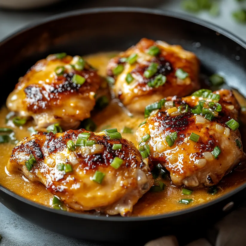 Ein Schalen mit Chicken Thighs, die in einem Schmelztopf mit Sauce zubereitet wurden.