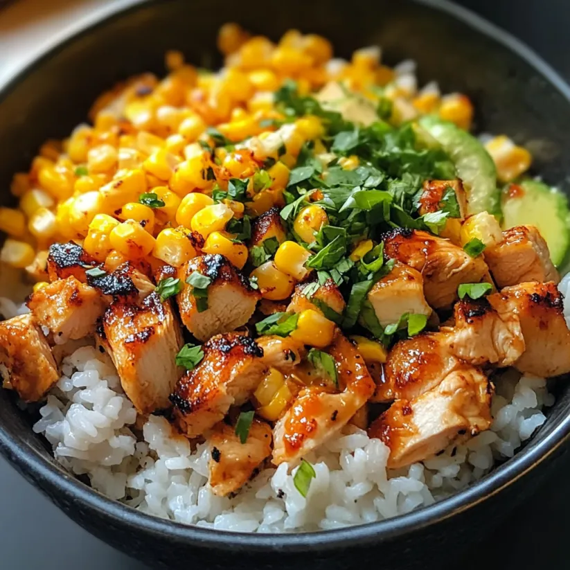 Ein schwarzes, leeres Rice Bowl-Foto, das eine Mischung aus Rice, Chicken und Kartoffeln zeigt.