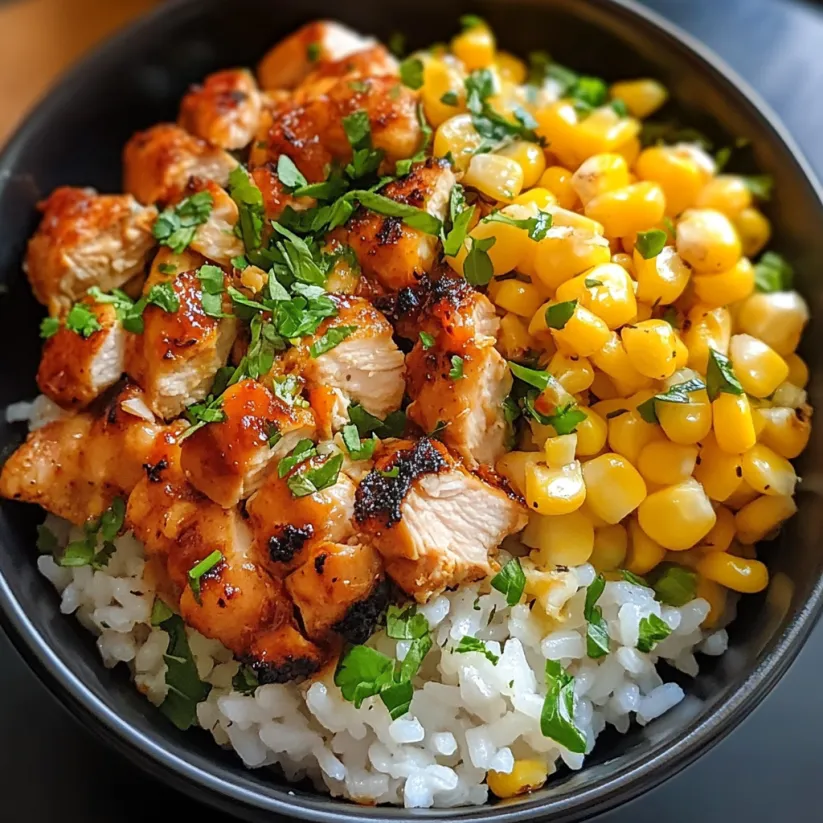 Ein schwarzes Bowl mit Rice, Chicken und Kartoffeln.