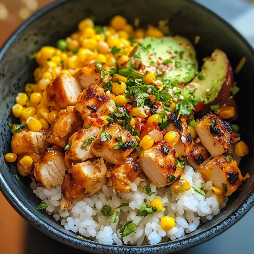 Ein schwarzer Becher mit einer Mischung aus Rice, Kartoffeln, Avocado, Kokosnuss und Chicken.