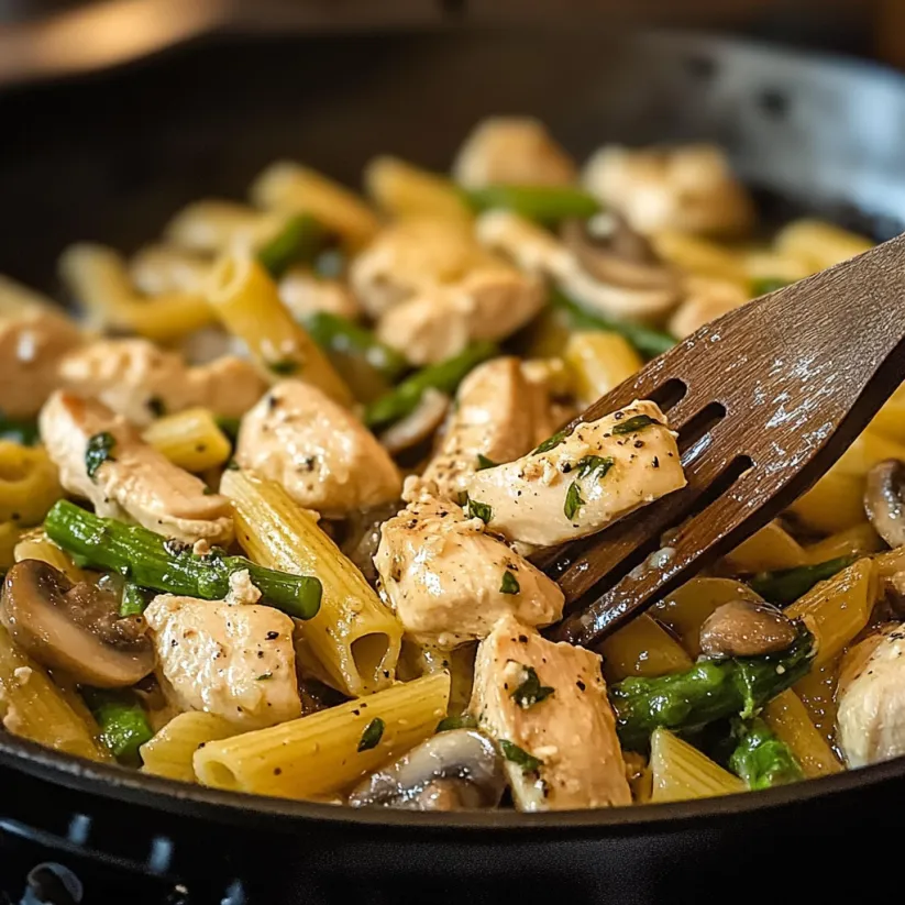 Ein einfaches, ein-Bohnen-Chicken-Penne-Gericht mit Asparagus und Champignons.