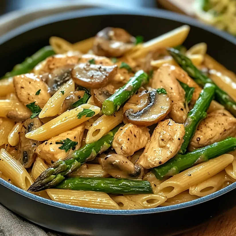 Ein schwarzes Teller mit einer Mischung aus Kichererbsen, Asparagus und Champignons.