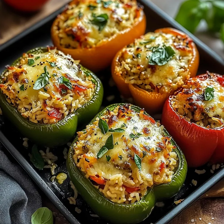 Ein Rezept für Easy Vegetarian Stuffed Bell Peppers mit Reis.