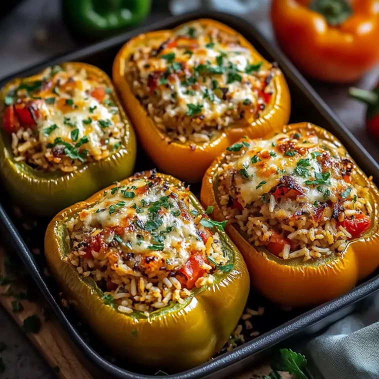 Ein Becher mit sechs Stücken von Stuffed Bell Peppers, die mit Reis und Zwiebeln gefüllt sind.