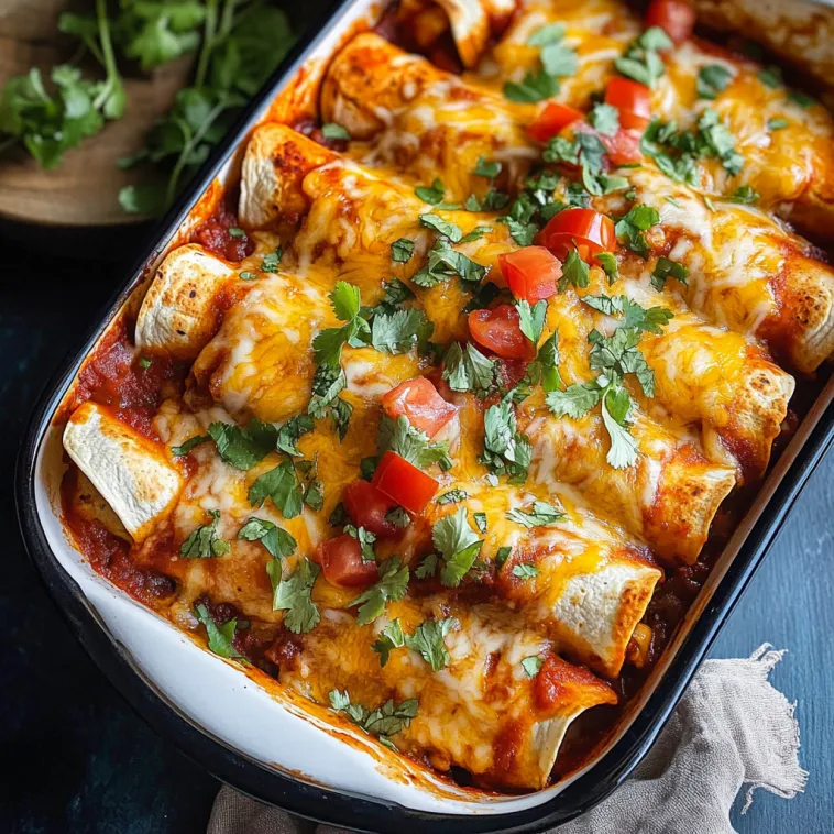 Eine Schüssel mit Vegetarian Enchiladas, die mit Tomaten, Zwiebeln und Käse garniert sind.