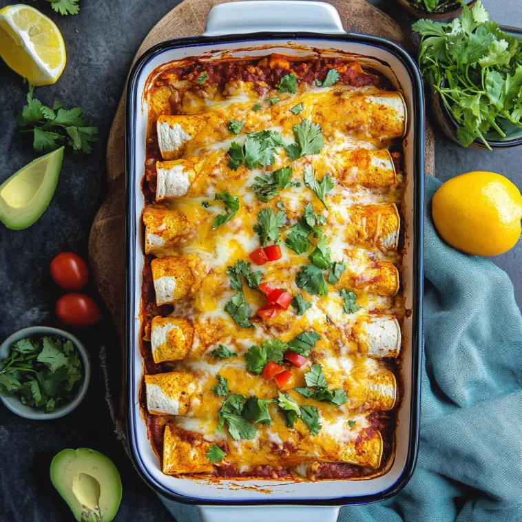 Eine Schüssel mit Vegetarian Enchiladas, die mit verschiedenen Zutaten wie Tomaten, Paprika, Zwiebeln und Käse zubereitet sind.